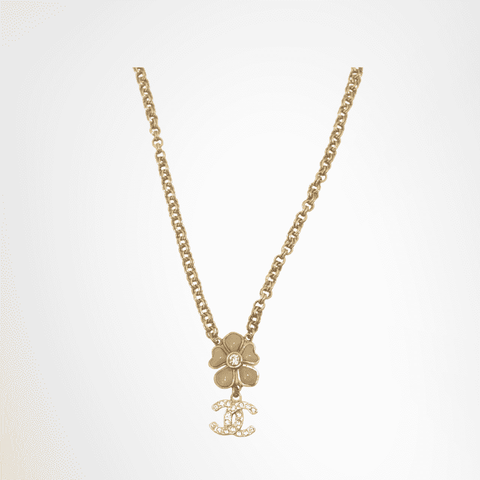 Chanel Vintage Flower Motif Rhinestone in CC Logo Charm Necklace