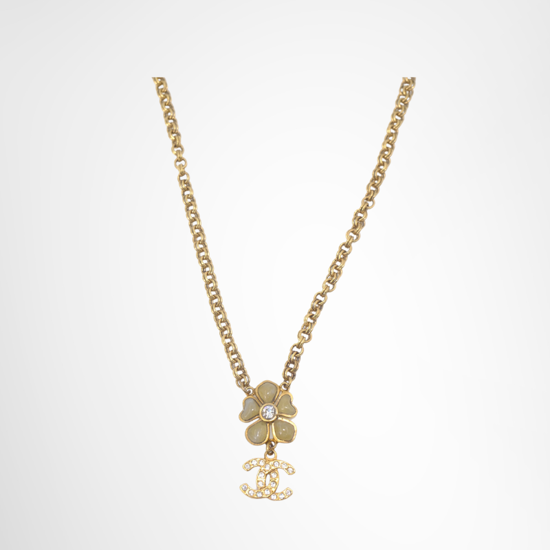 Chanel Flower Motif Rhinestone CC Logo Charm Necklace – Pre-Owned Luxury Accessory – Antonio & Co – Front Page