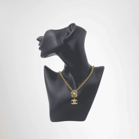 Chanel Vintage Flower Motif Rhinestone in CC Logo Charm Necklace
