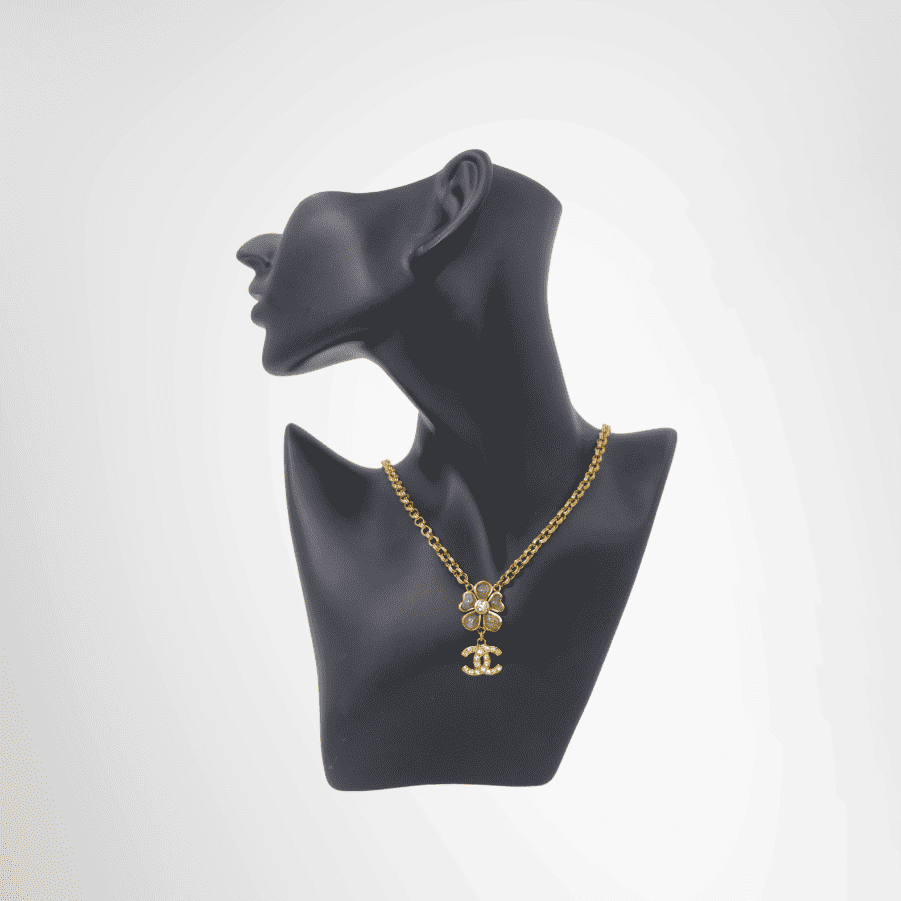 Chanel Vintage Flower Motif Rhinestone in CC Logo Charm Necklace