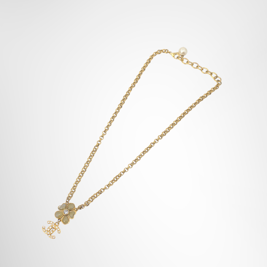 Chanel Flower Motif Rhinestone CC Logo Charm Necklace – Pre-Owned Luxury Accessory – Antonio & Co – Side View