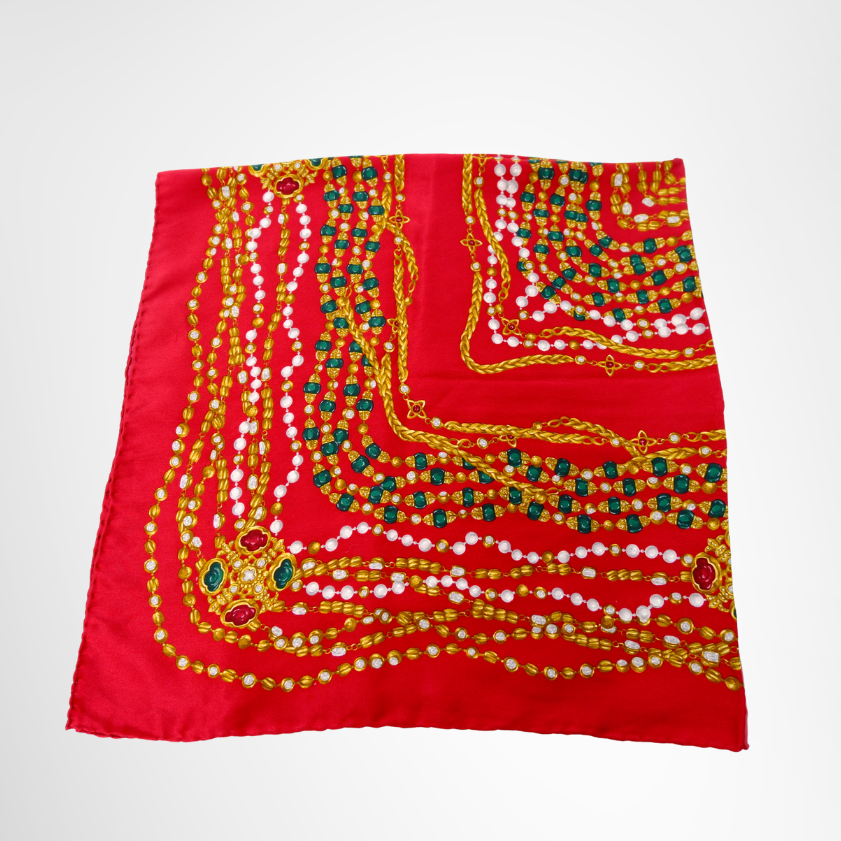 Chanel Preowned Luxury 1990s Chain and Gripoix Jewelry Print Silk Scarf  Folded View2 - Antonio & Co.