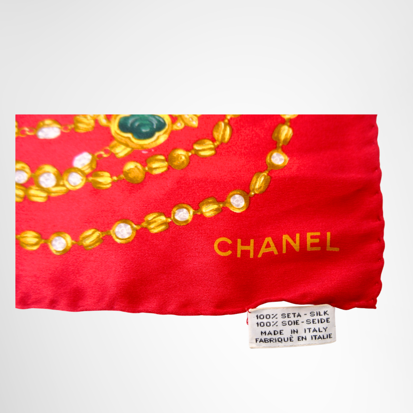 Chanel Preowned Luxury 1990s Chain and Gripoix Jewelry Print Silk Scarf  Tag View - Antonio & Co.