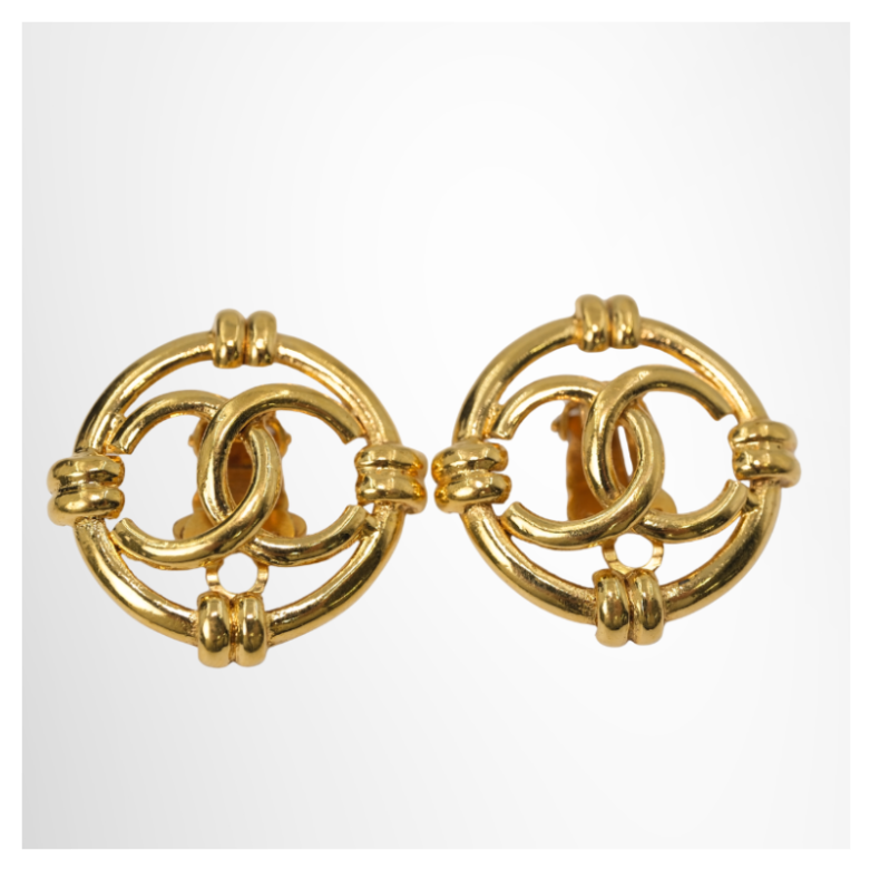 Chanel Preowned Luxury 93A Gold Plated Circular Clip-On Earrings Accessories Front View - Antonio & Co.