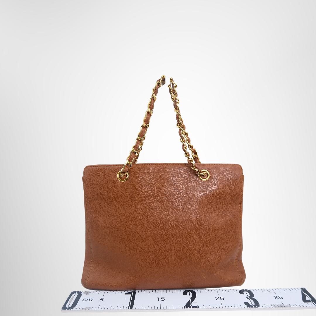 Chanel Preowned Luxury Bag Caviar Logo Chain Leather Tote Back View
