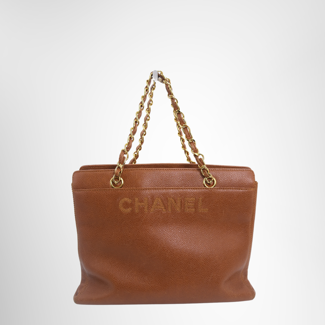 Chanel Preowned Luxury Bag Caviar Logo Chain Leather Tote Front View