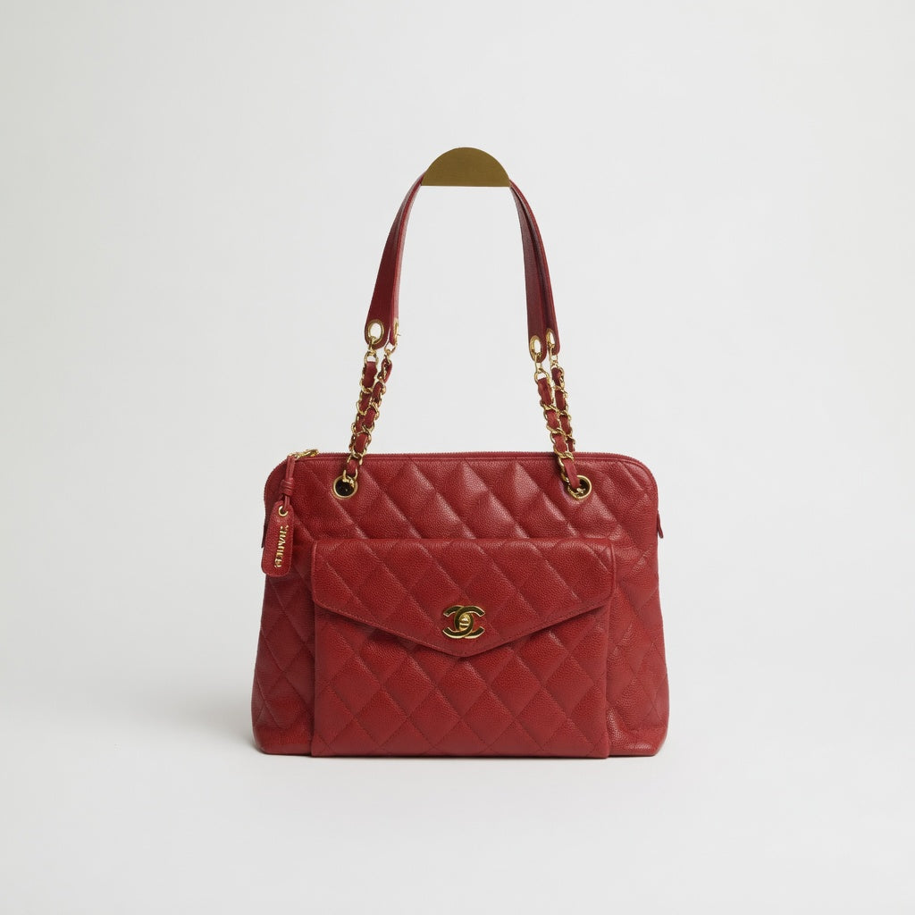 Chanel Preowned Luxury Bag Caviar Quilted Front Pocket Shoulder Bag Front View