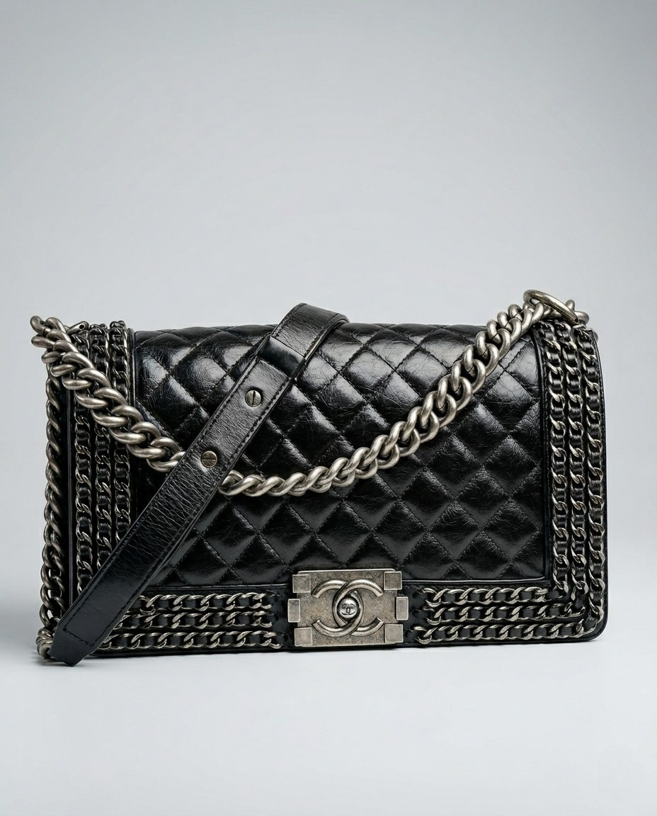 Chanel Preowned Luxury Bag Chanel Medium Chain Around Boy Flap Bag Quilted Calfskin Front View