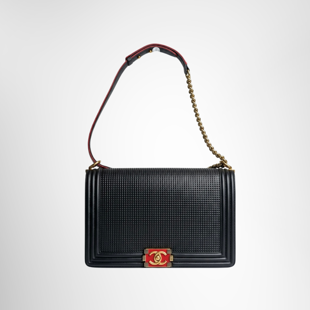 Chanel Preowned Luxury Bag Cube Embossed Boy Flap Bag Front View