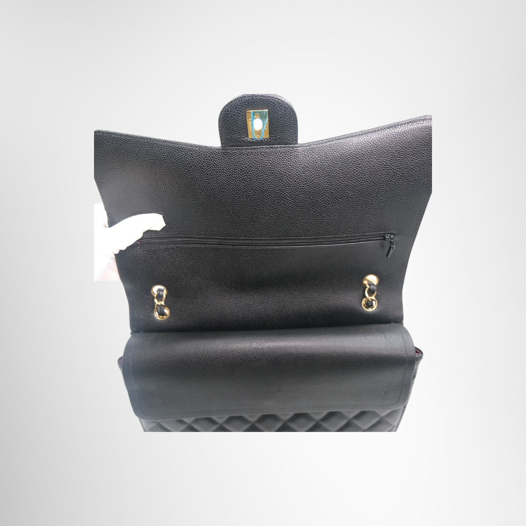 Chanel Preowned Luxury Bag Maxi Double Flap Bag in Quilted Caviar Interior View 2