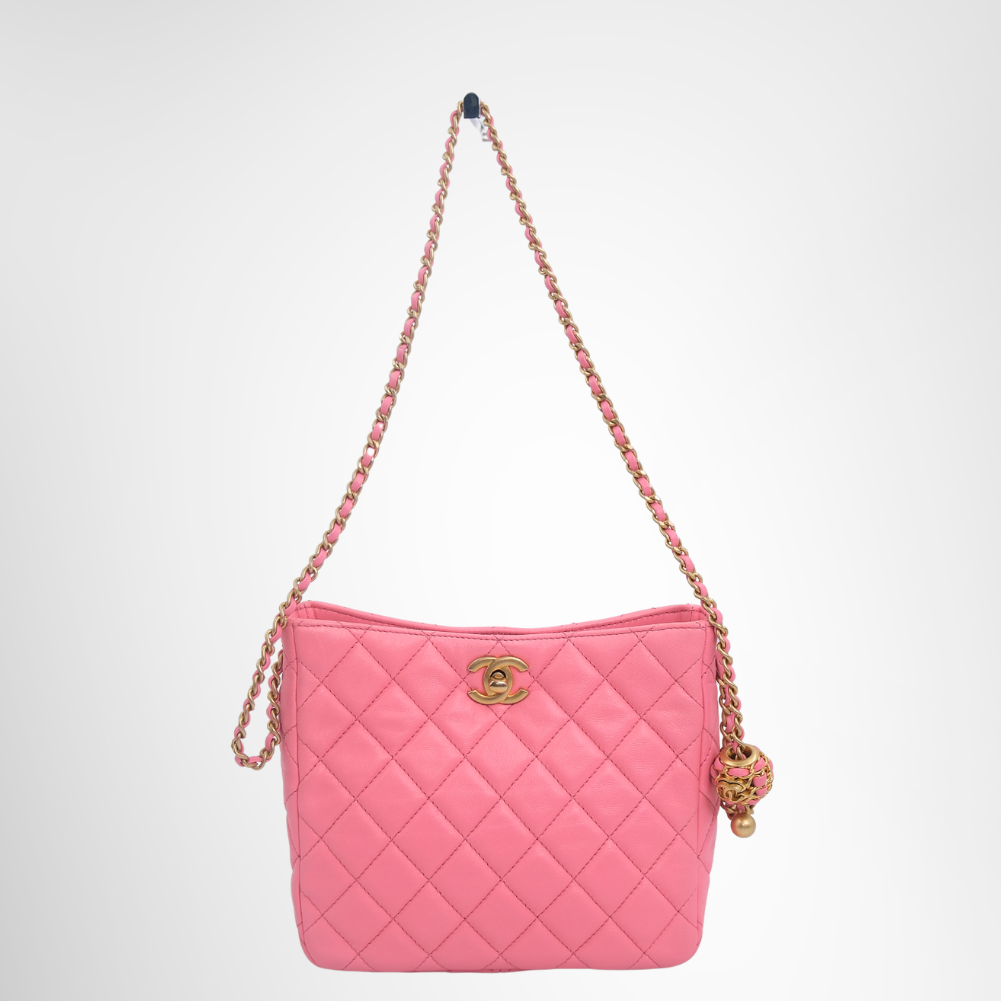 Chanel Preowned Luxury Bag Small Hobo Lambskin Chain Shoulder Bag Front View