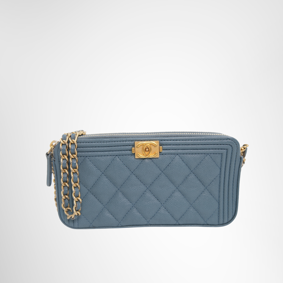 Chanel Preowned Luxury Boy Double Zip Around Wallet on Chain in Caviar Leather Front Page