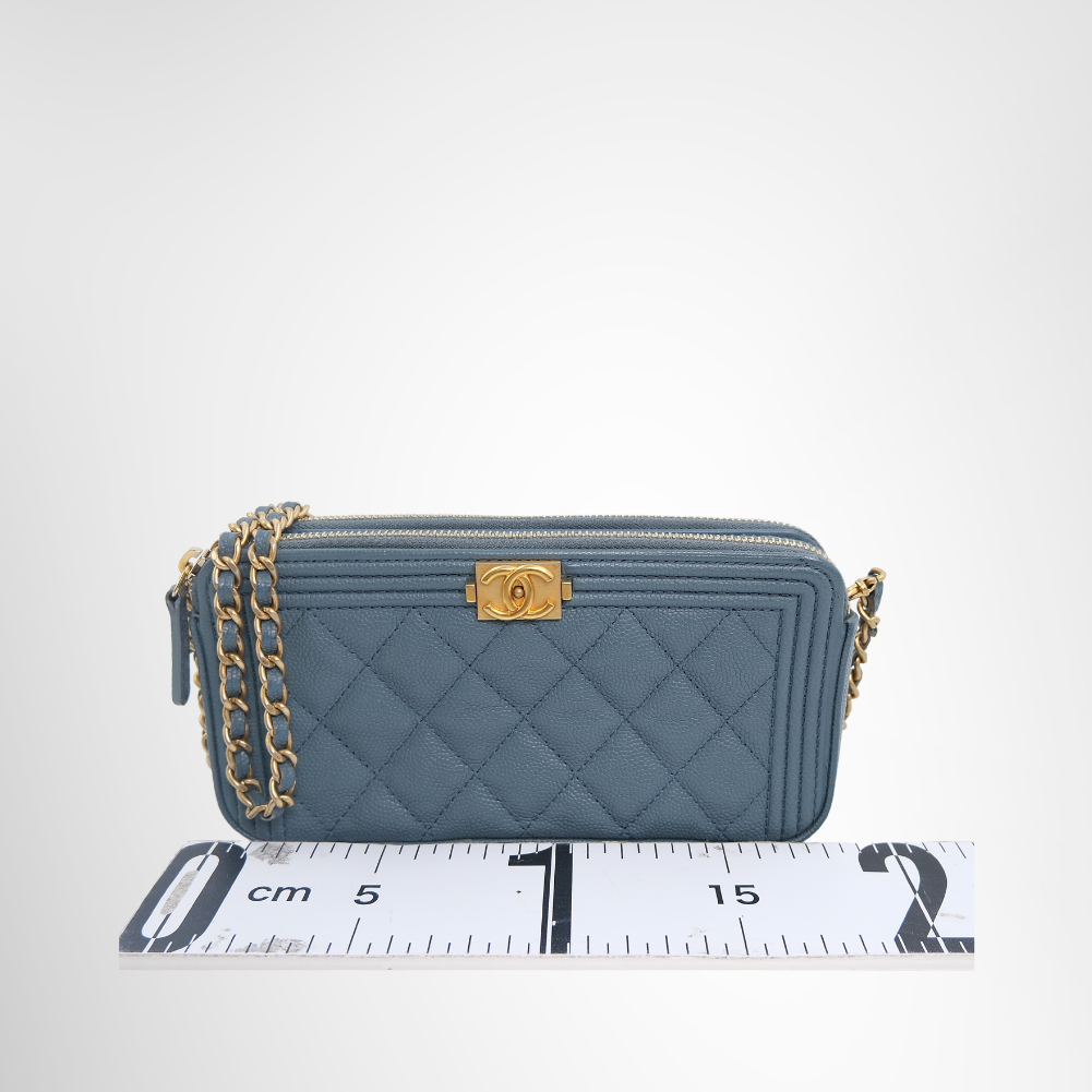 Chanel Preowned Luxury Boy Double Zip Around Wallet on Chain in Caviar Leather Front View