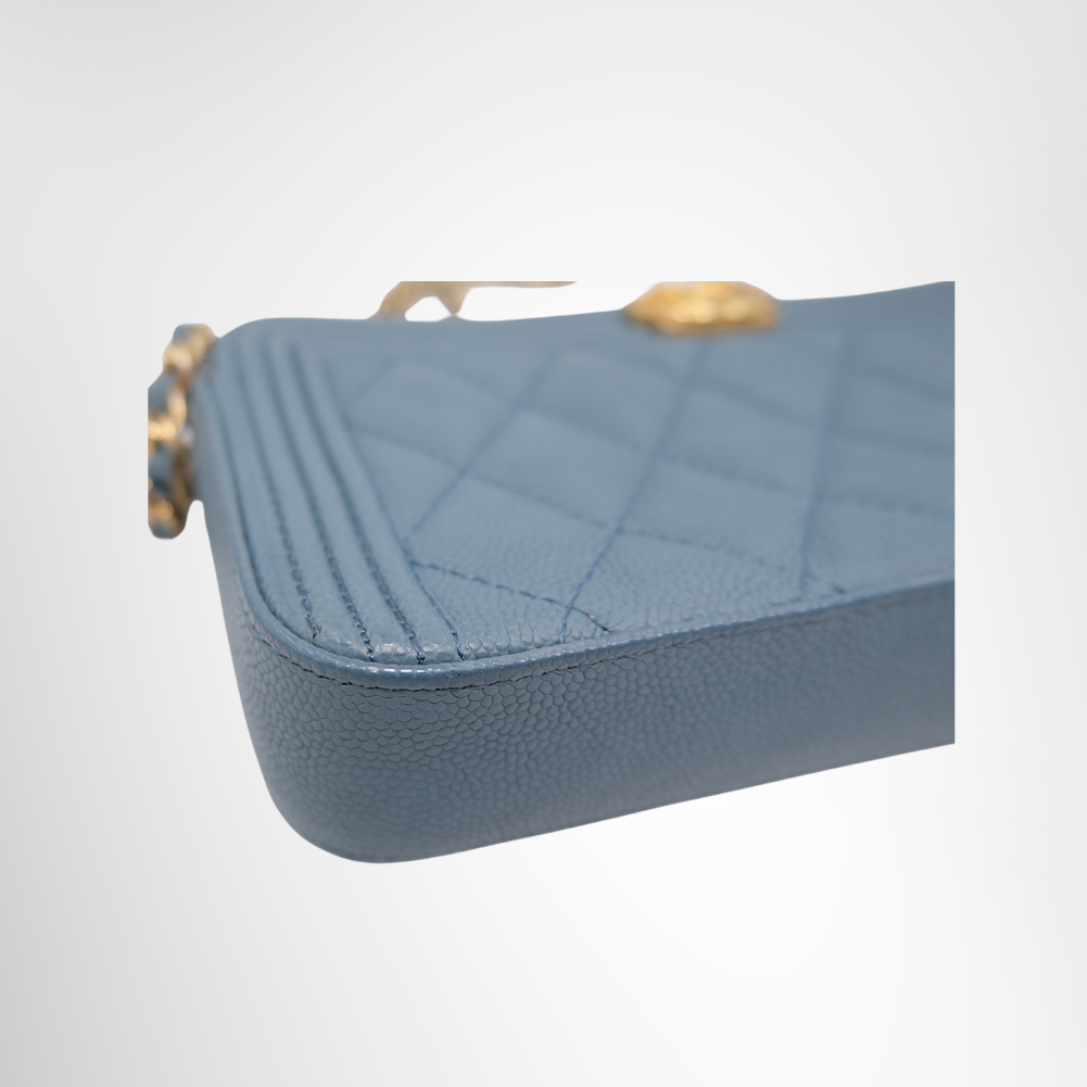 Chanel Preowned Luxury Boy Double Zip Around Wallet on Chain in Caviar Leather Side View 1