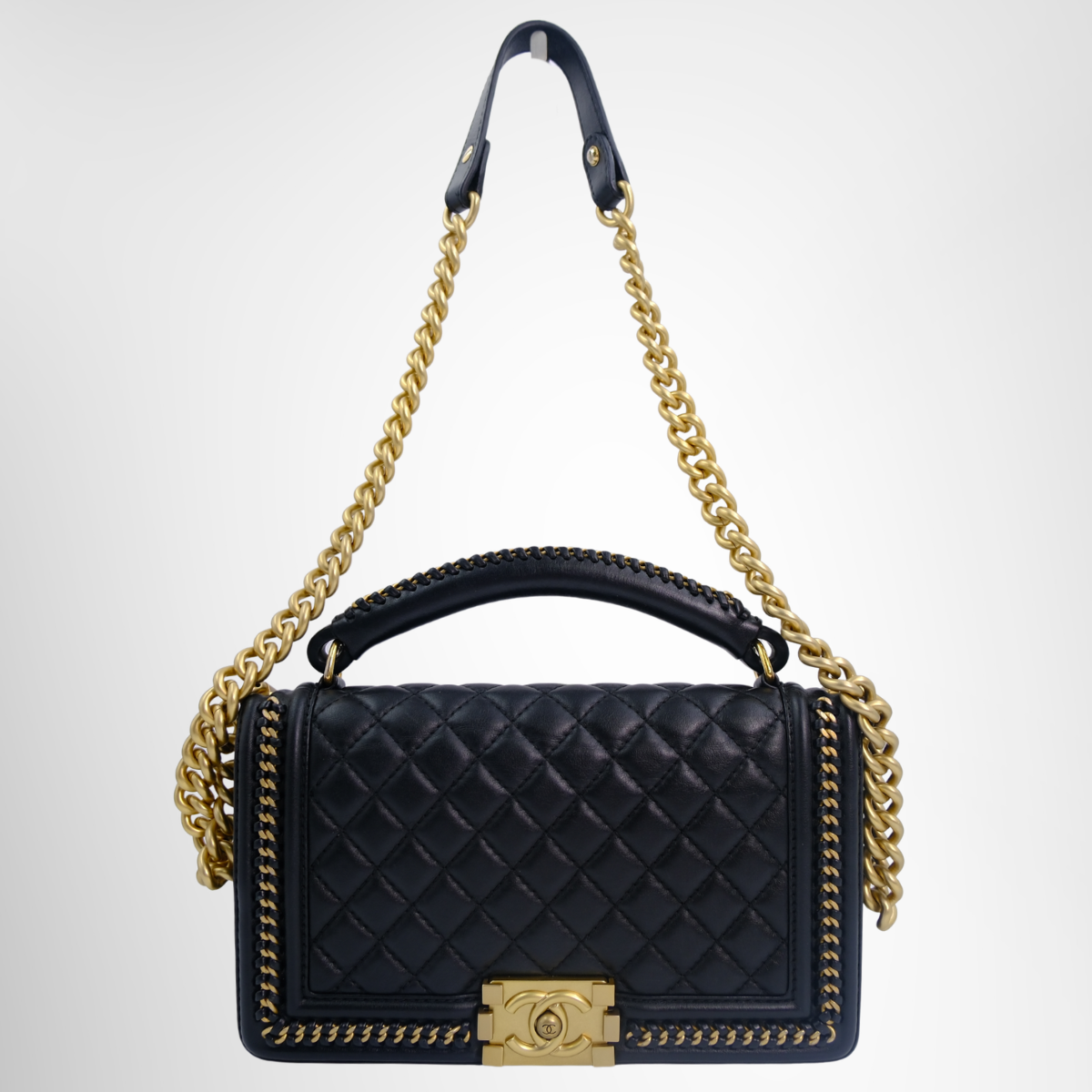 Chanel Preowned Luxury Boy Lambskin 2-Way Handbag in Black Front Page