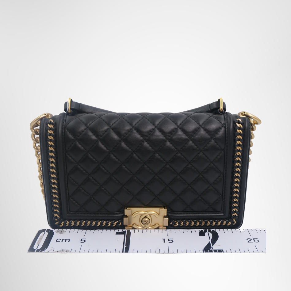 Chanel Preowned Luxury Boy Lambskin 2-Way Handbag in Black Front View