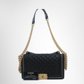 Chanel Preowned Luxury Boy Lambskin 2-Way Handbag in Black Front View With Certificate