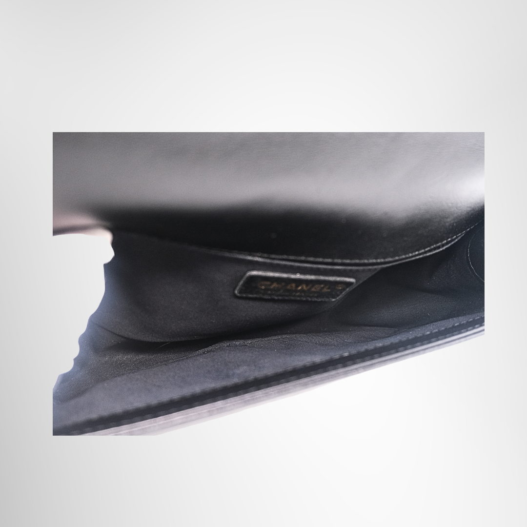 Chanel Preowned Luxury Boy Lambskin 2-Way Handbag in Black Interior View