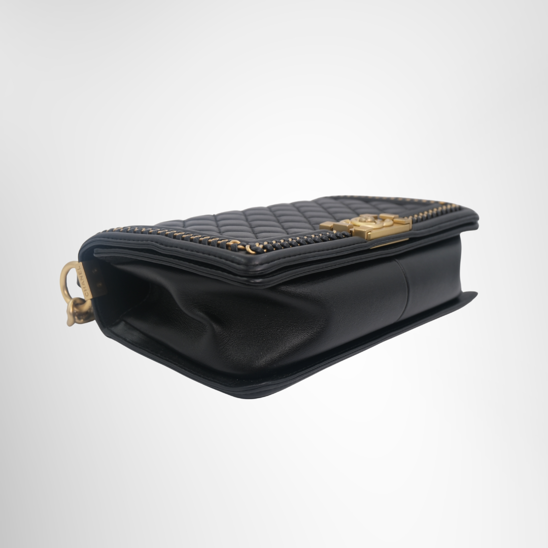 Chanel Preowned Luxury Boy Lambskin 2-Way Handbag in Black Side View 1