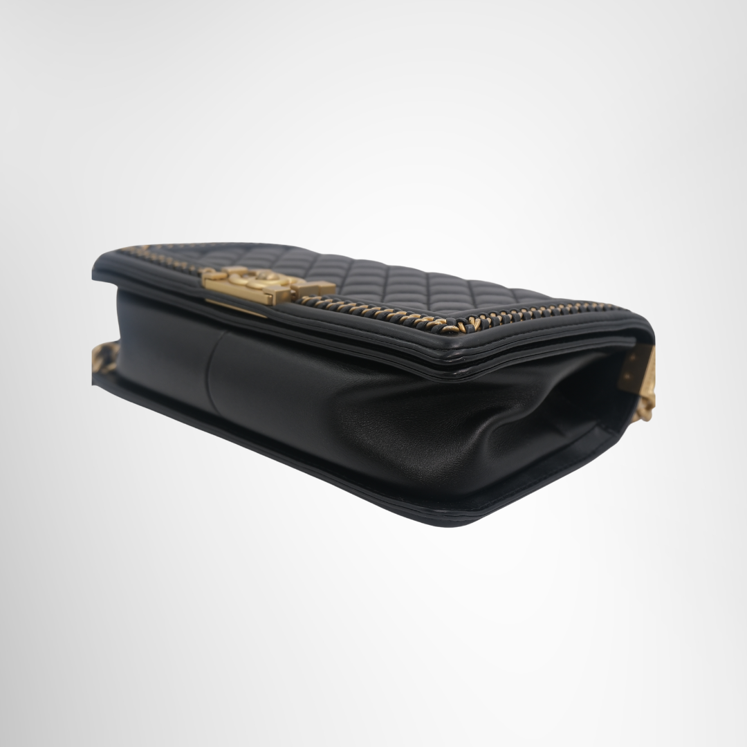 Chanel Preowned Luxury Boy Lambskin 2-Way Handbag in Black Side View 2