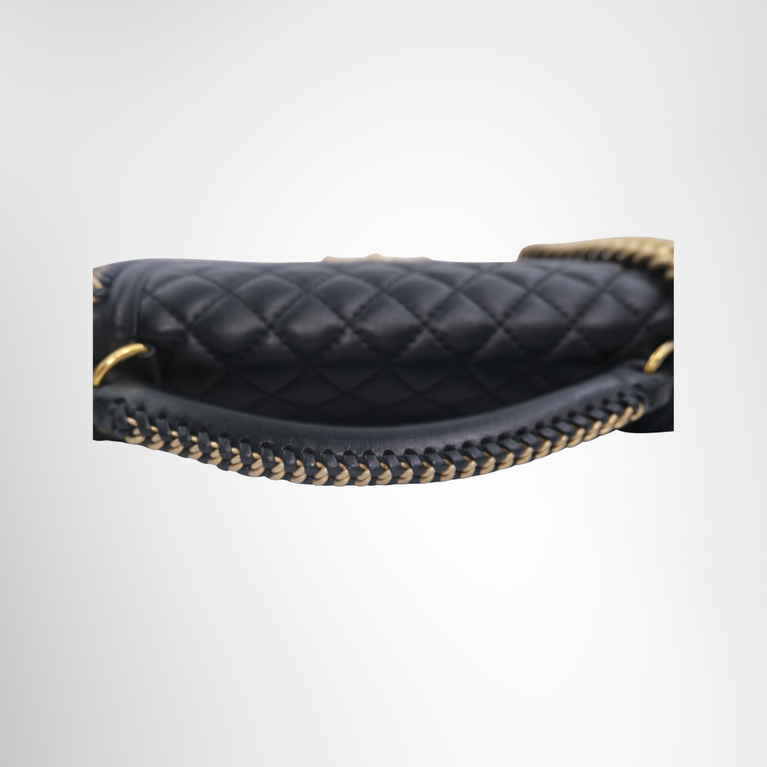Chanel Preowned Luxury Boy Lambskin 2-Way Handbag in Black Upper Close Up View