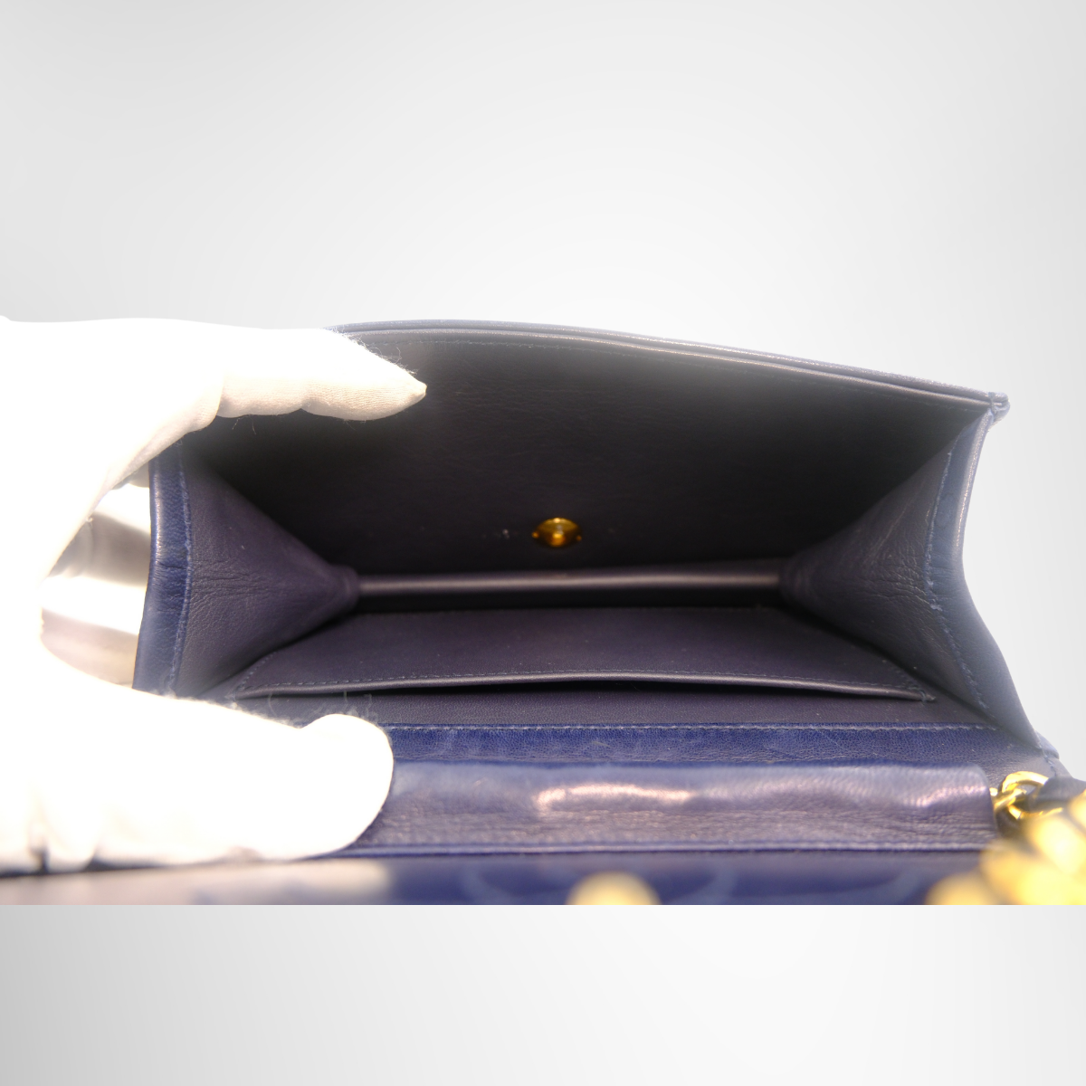 Chanel Preowned Luxury Matrasse Push Rock Chain Navy Lambskin Bag Inside View - Antonio & Co.