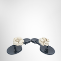 Chanel Preowned Luxury Rubber Camellia Sandals Front And Side View