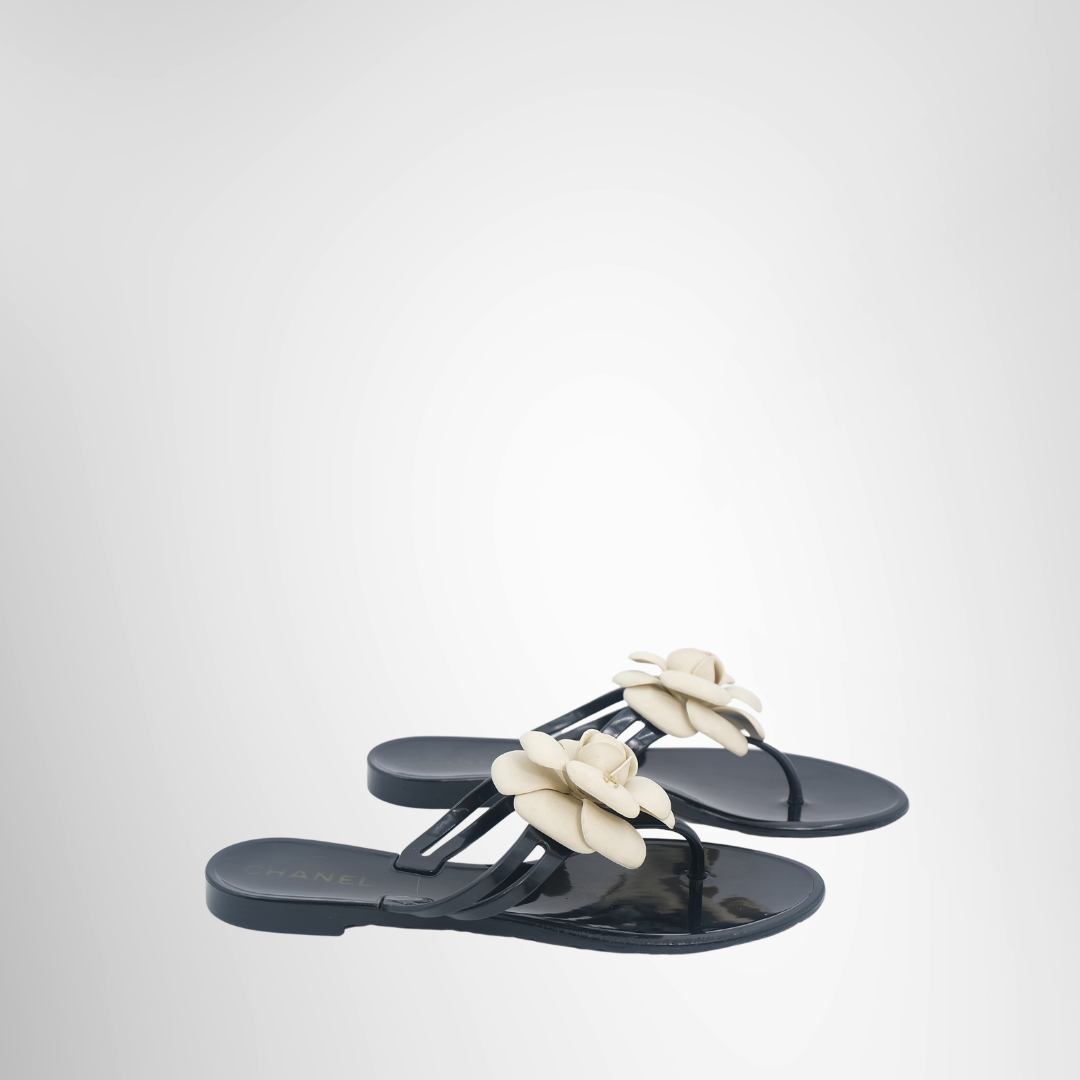 Chanel Preowned Luxury Rubber Camellia Sandals Side View