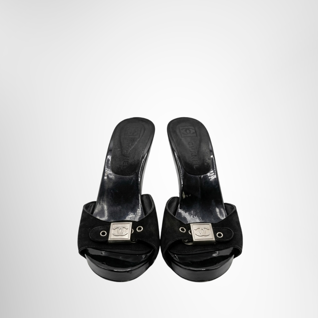 Chanel Preowned Luxury Sandals Vintage Y2K Square Buckle Coco Mark Mule Heeled Sandals Front View