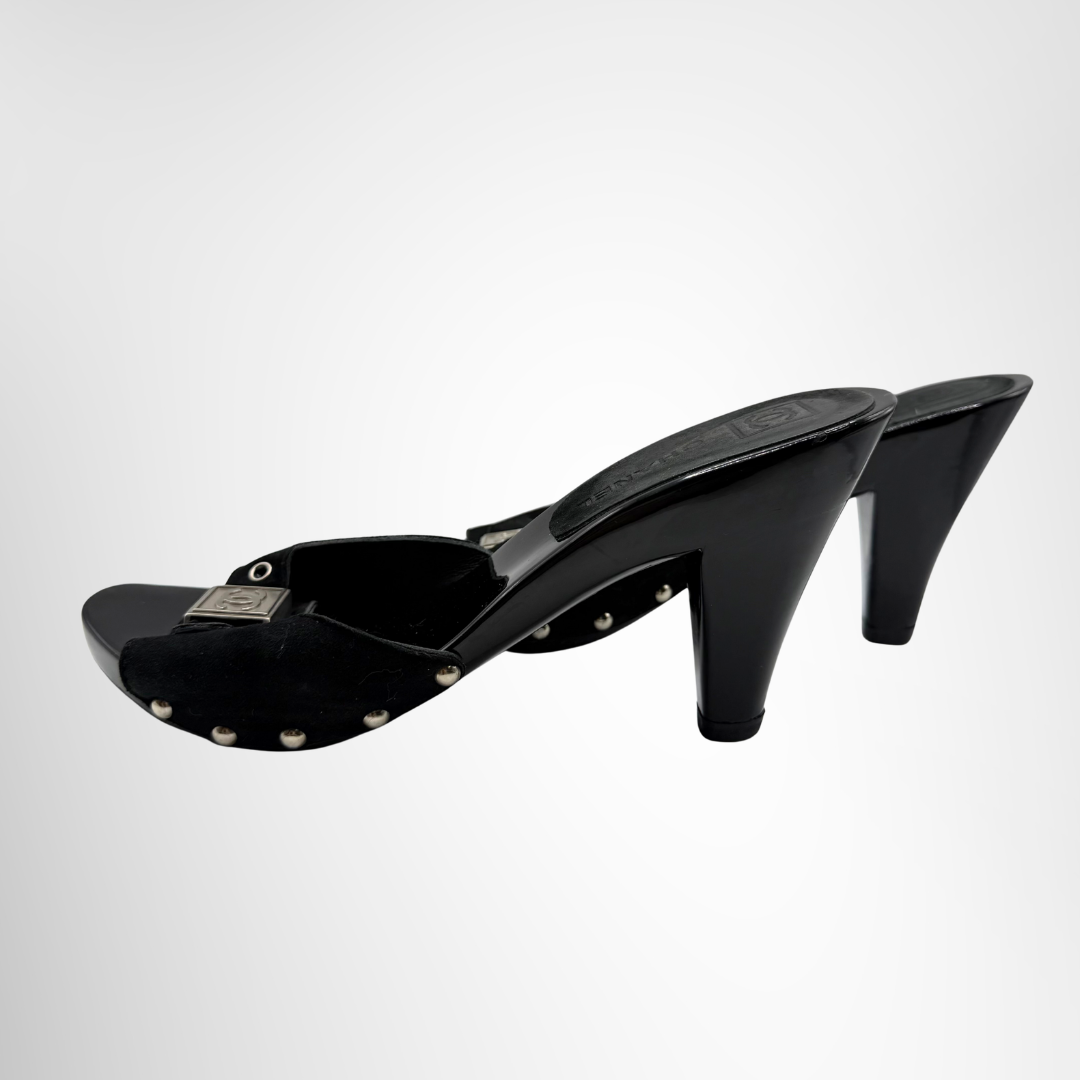 Chanel Preowned Luxury Sandals Vintage Y2K Square Buckle Coco Mark Mule Heeled Sandals Side View