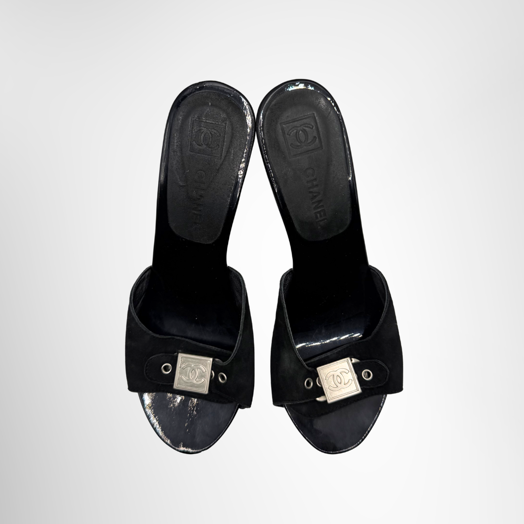 Chanel Preowned Luxury Sandals Vintage Y2K Square Buckle Coco Mark Mule Heeled Sandals Top View