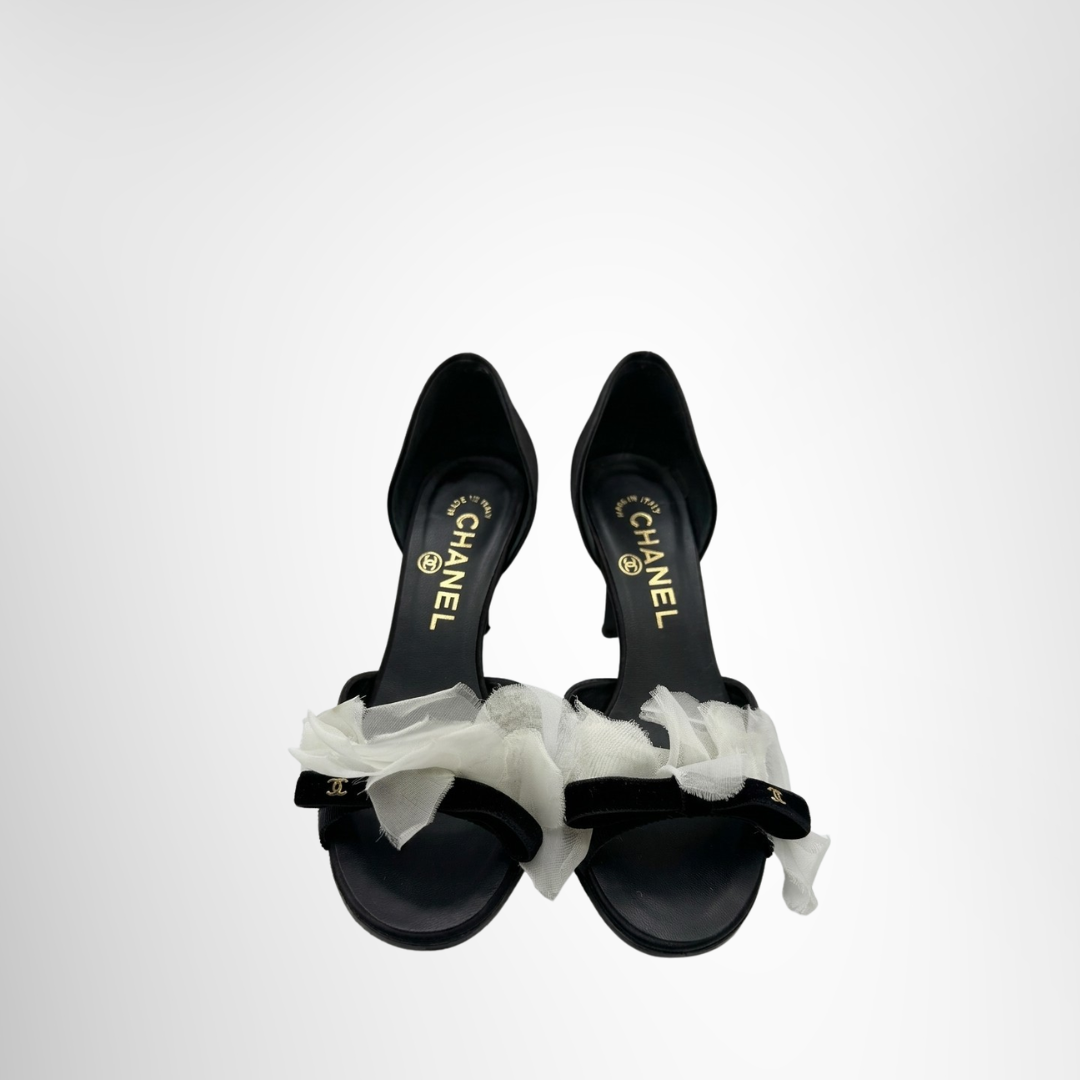 Chanel Preowned Luxury Shoes Satin Camellia Bow D'Orsay Pumps Front View