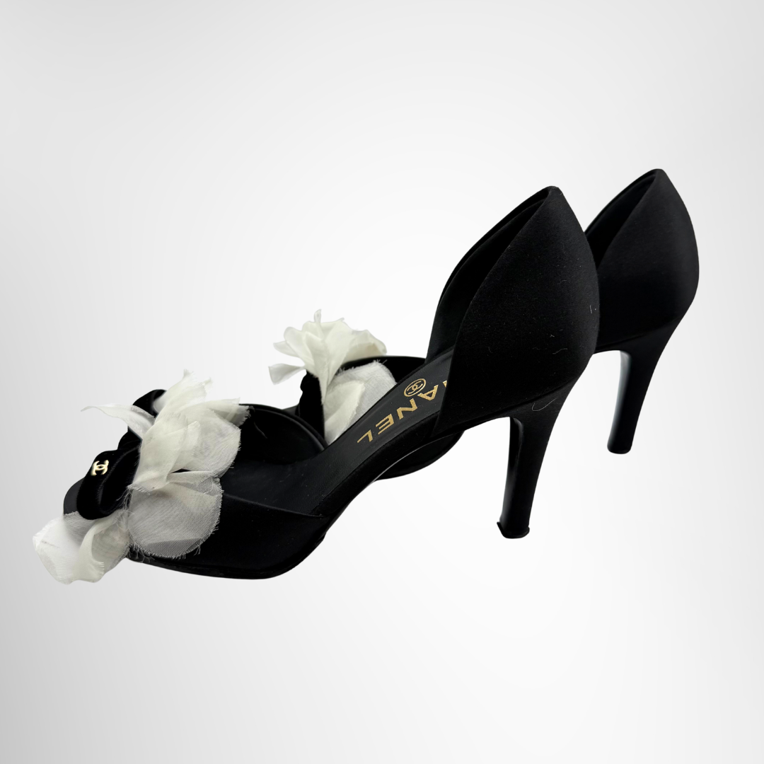 Chanel Preowned Luxury Shoes Satin Camellia Bow D'Orsay Pumps Side View