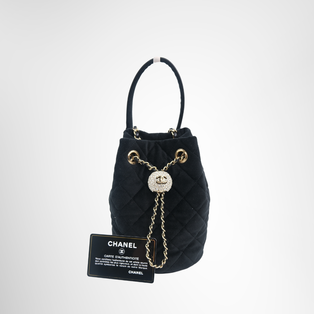 Chanel Preowned Luxury Velvet Quilted Pearl Crush Drawstring Bag Front View With Certificate