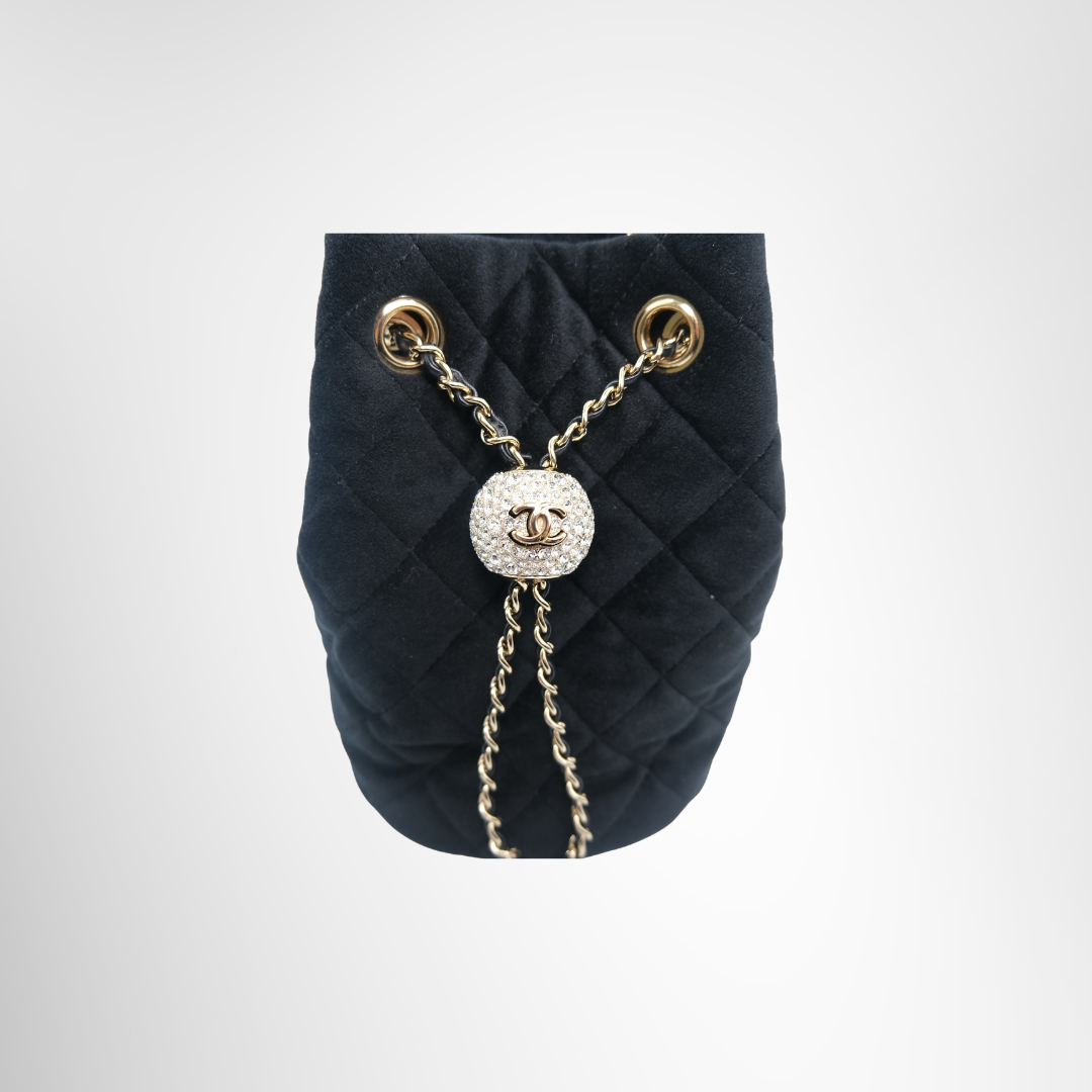 Chanel Preowned Luxury Velvet Quilted Pearl Crush Drawstring Bag Strap Close Up View