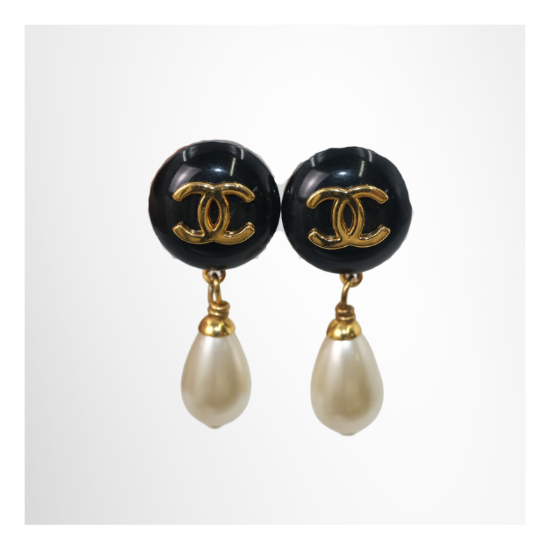 Chanel Preowned Luxury Vintage Black Enamel CC Dangling Faux Pearls Earrings Accessories Front View - Antonio & Co.