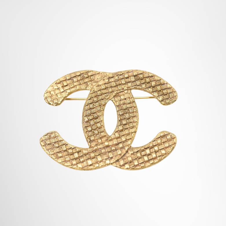 Chanel Preowned Luxury Woven Gold Plated CC Brooch Accessories Front View - Antonio & Co.