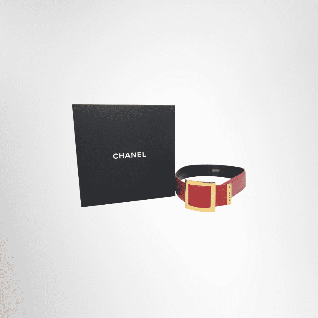 Chanel Vintage Square Buckle Belt Front View With Box