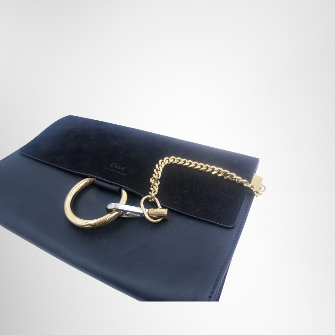 Chloe Preowned Luxury Suede Calfskin Faye Clutch Black Bag Front Chain - Antonio & Co.
