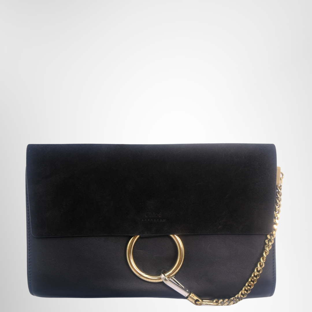 Chloe Preowned Luxury Suede Calfskin Faye Clutch Black Bag Front Page - Antonio & Co.