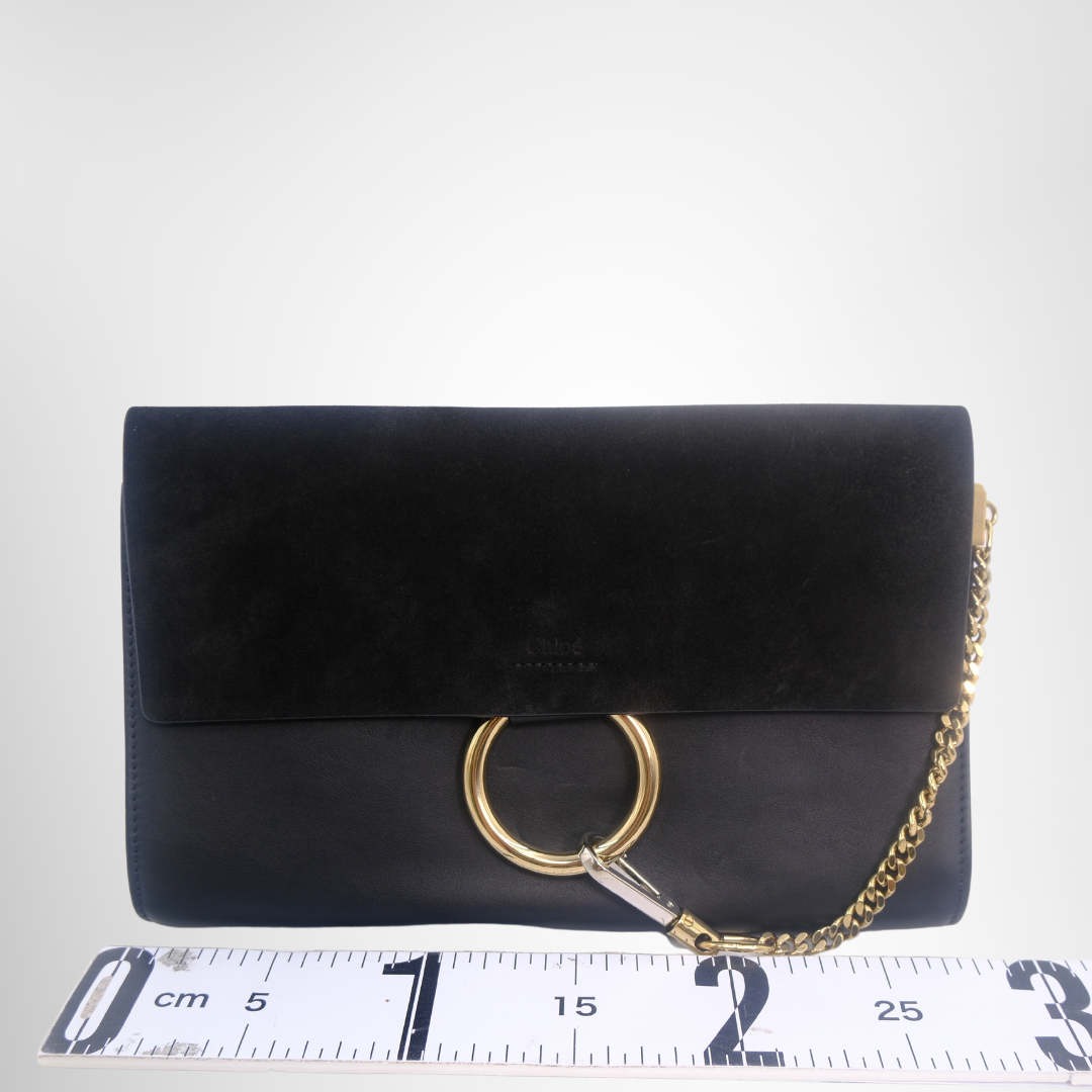 Chloe Preowned Luxury Suede Calfskin Faye Clutch Black Bag Front View2 - Antonio & Co.