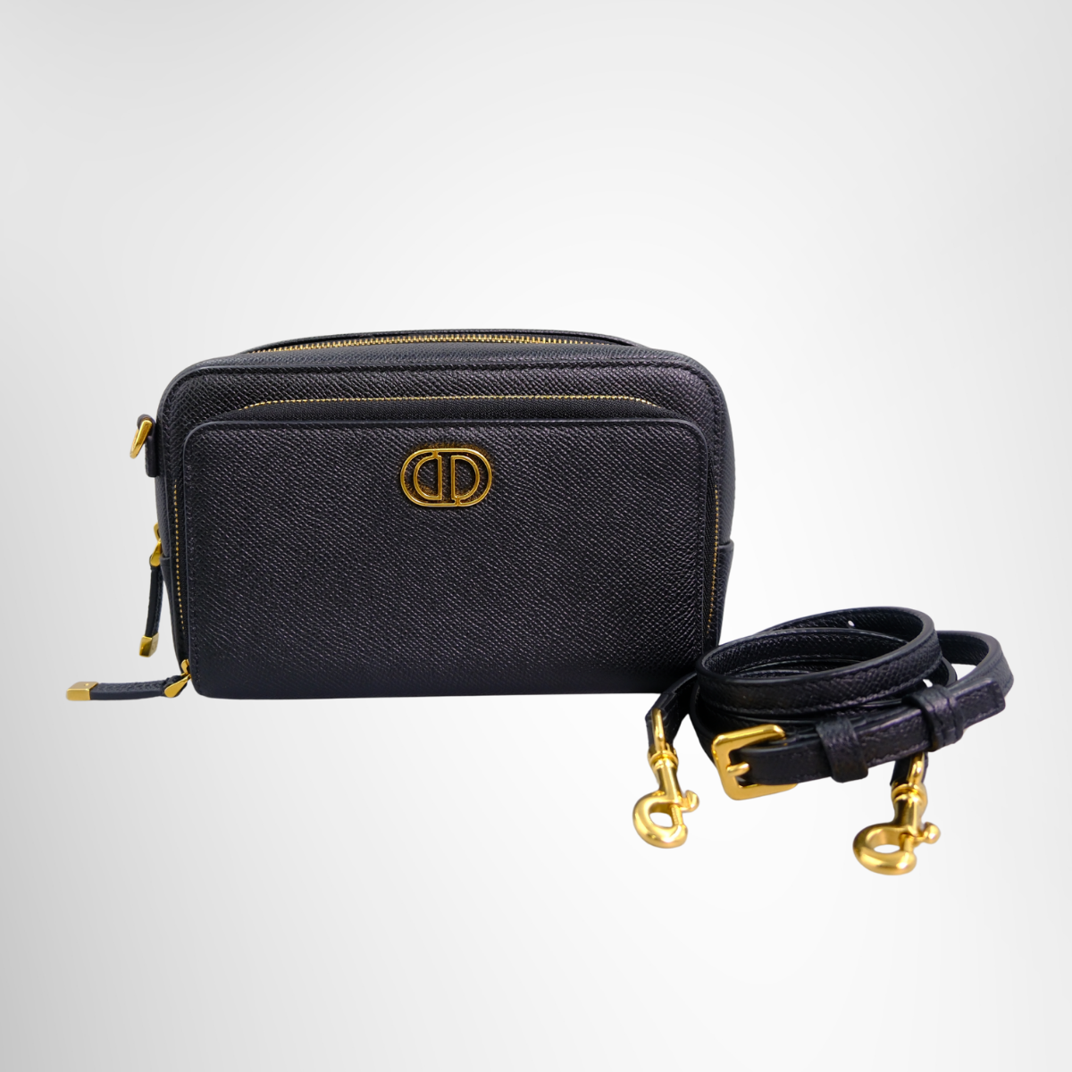 Caro Double Pouch Bag in Black Grained Calfskin