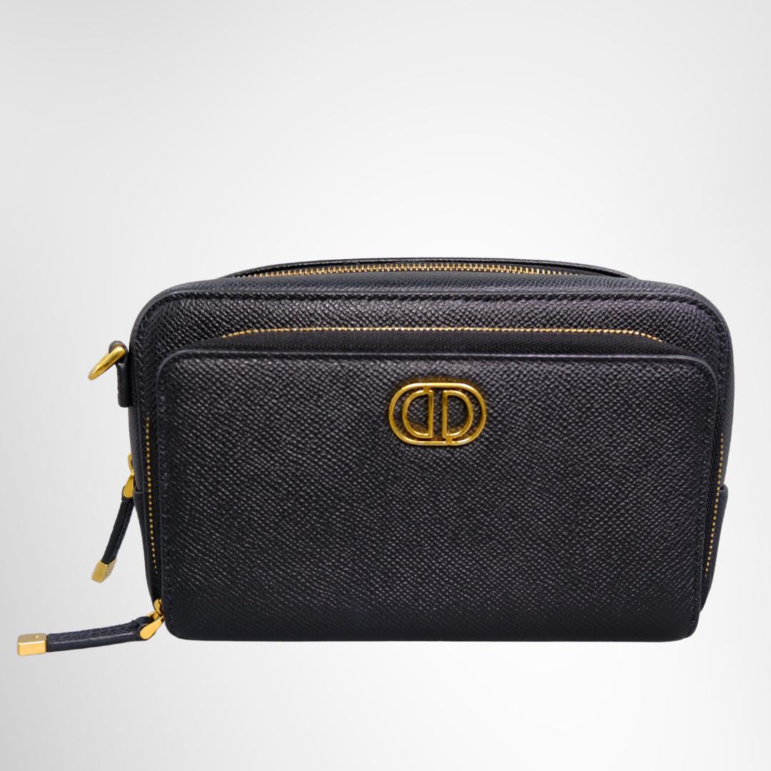 Caro Double Pouch Bag in Black Grained Calfskin