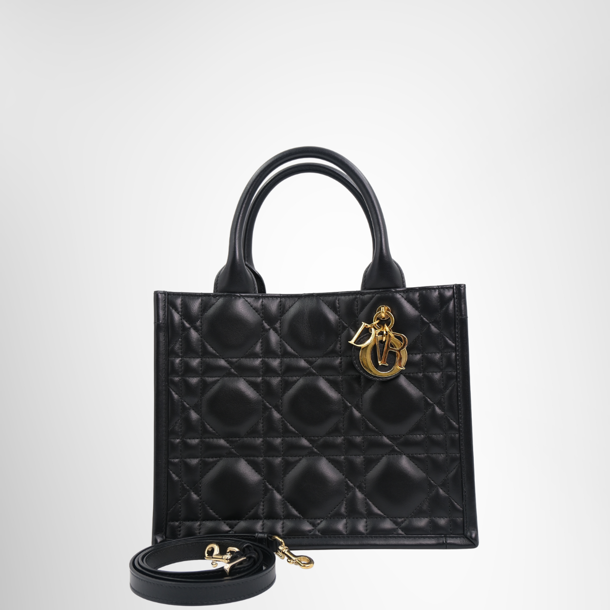 Dior Small Book Tote Black Macrocannage Calfskin – Pre-Owned Luxury Brand Bag – Antonio & Co – Front Page with Accessory