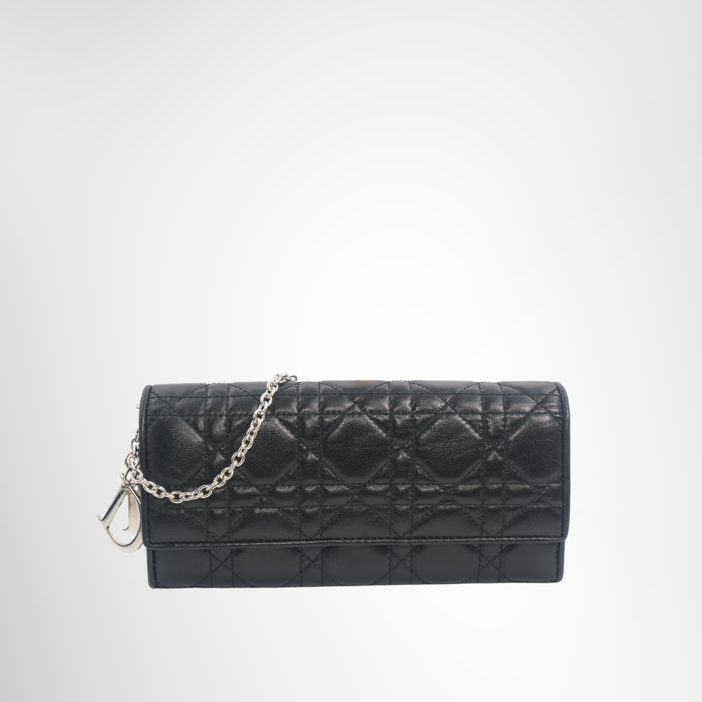 Dior Preowned Luxury Bag Black Cannage Quilted Leather Wallet on Chain Front View