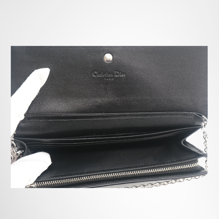 Dior Preowned Luxury Bag Black Cannage Quilted Leather Wallet on Chain Interior View