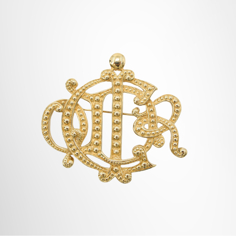 Dior Preowned Luxury CD Gold Plated Monogram Logo Brooch Accessories Front View - Antonio & Co.
