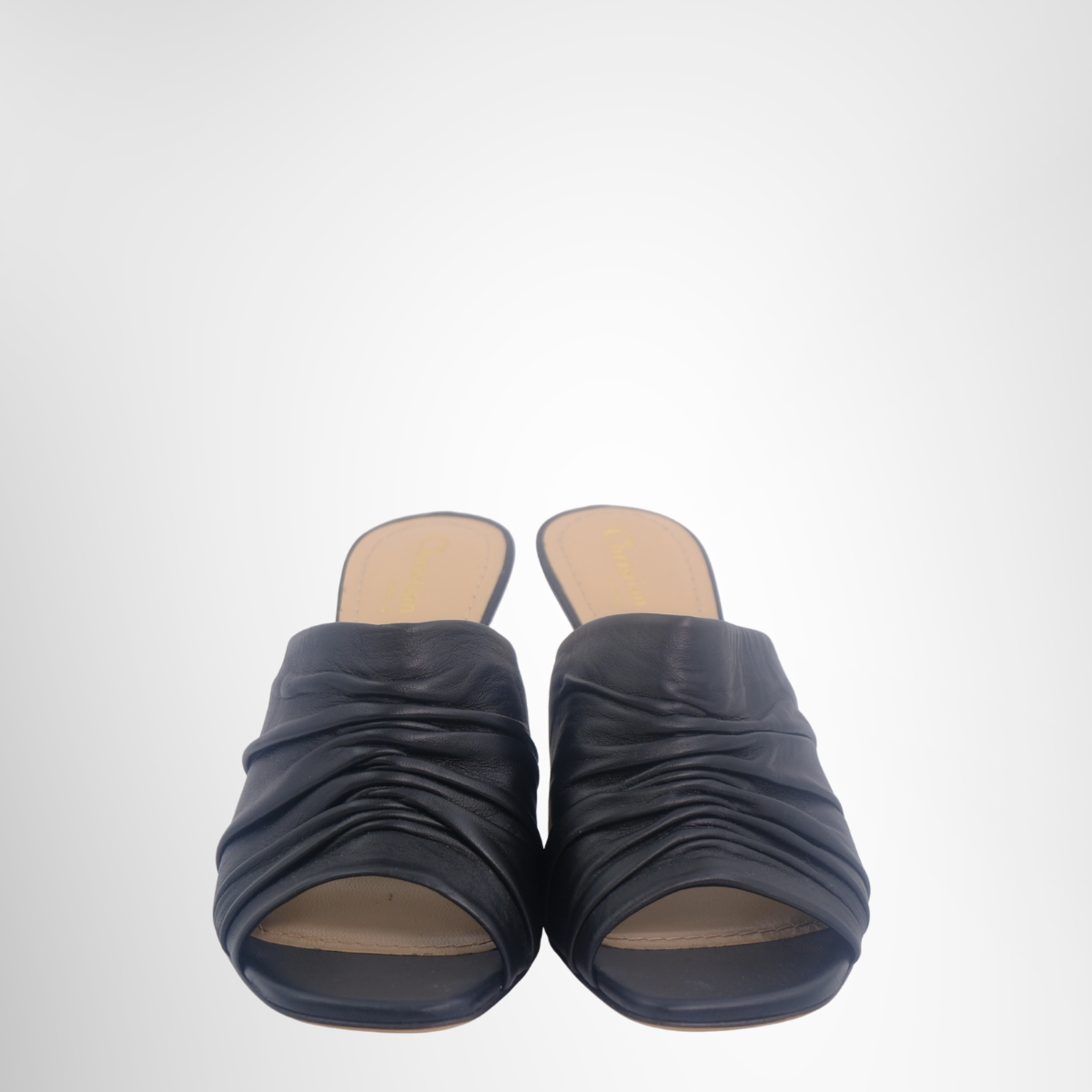 Dior Preowned Luxury D-Fame Heeled Sandal Mule in Black Pleated Lambskin Shoes Front Page - Antonio & Co.