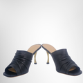 Dior Preowned Luxury D-Fame Heeled Sandal Mule in Black Pleated Lambskin Shoes Front View - Antonio & Co.