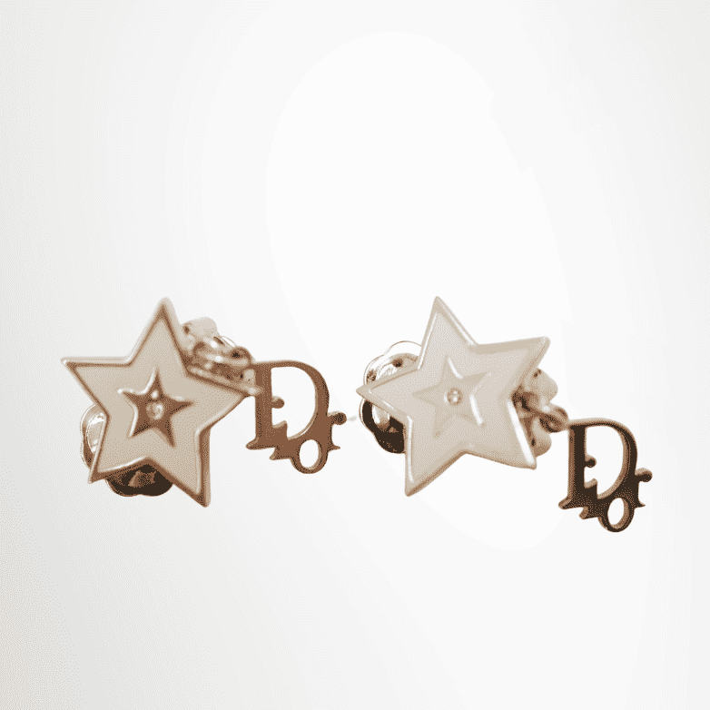 Dior Vintage Star Logo Earrings – Gold Tone / White